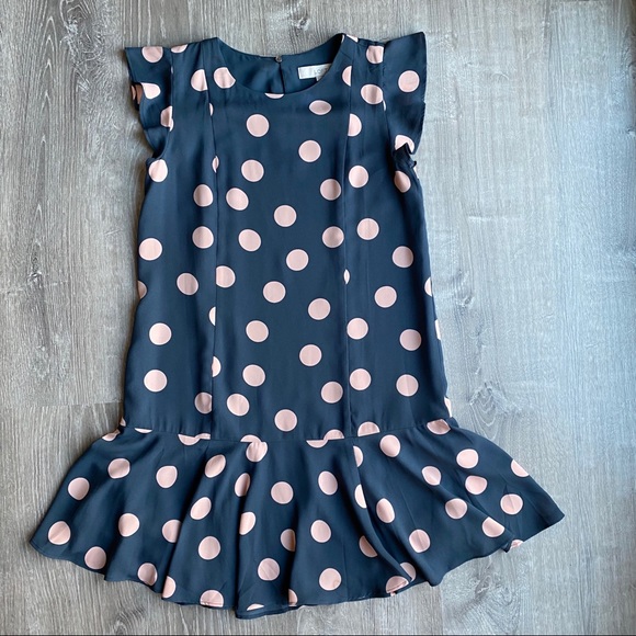 NWT Loft Polka Dot Flounce Dress Petrol Grey Pink - Picture 5 of 8